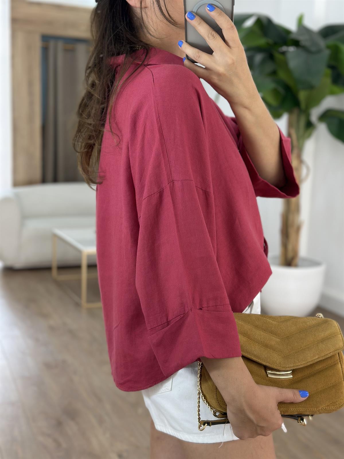 Double Kol Keten Gömlek - Bordo