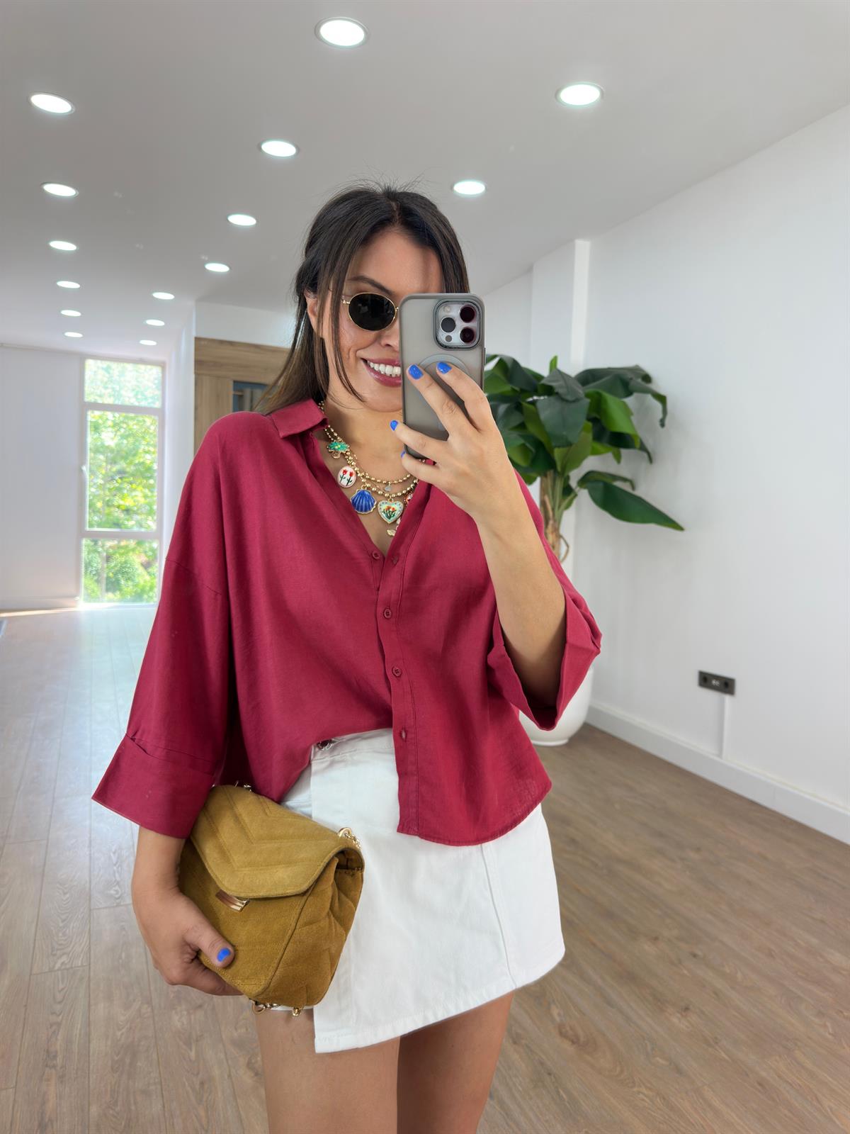 Double Kol Keten Gömlek - Bordo