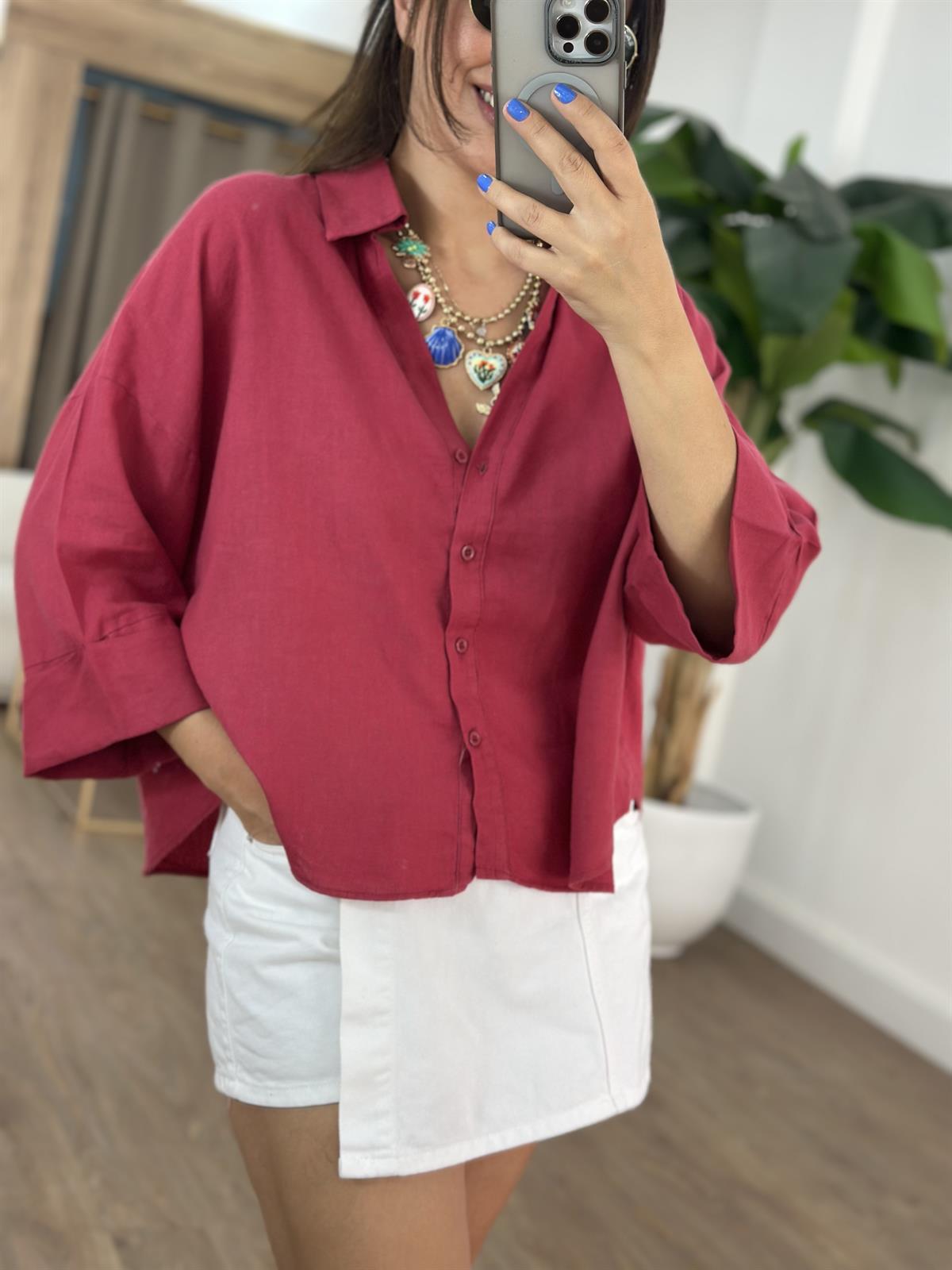 Double Kol Keten Gömlek - Bordo