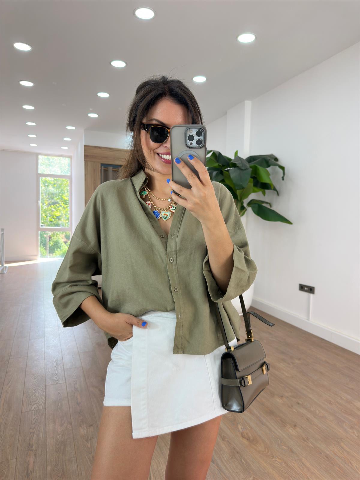 Double Kol Keten Gömlek - Haki