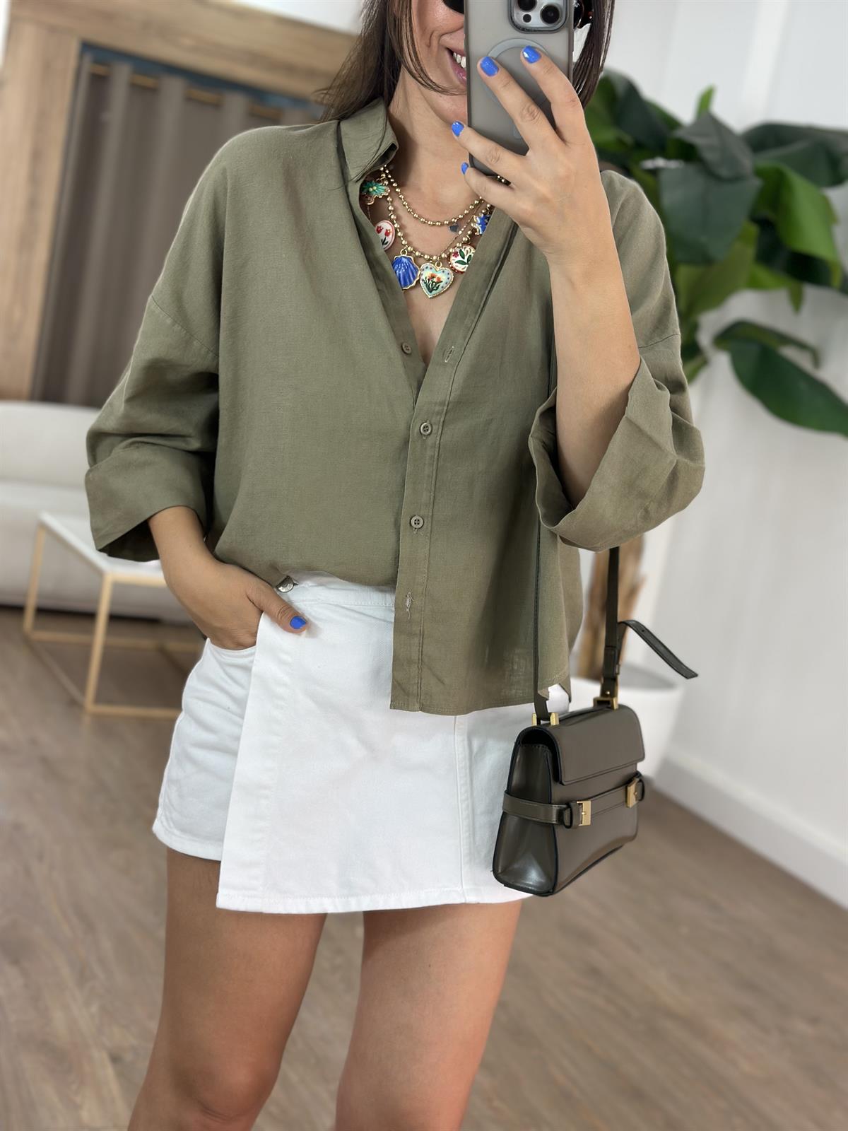 Double Kol Keten Gömlek - Haki