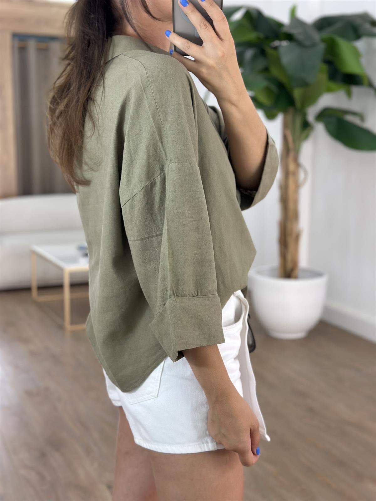 Double Kol Keten Gömlek - Haki