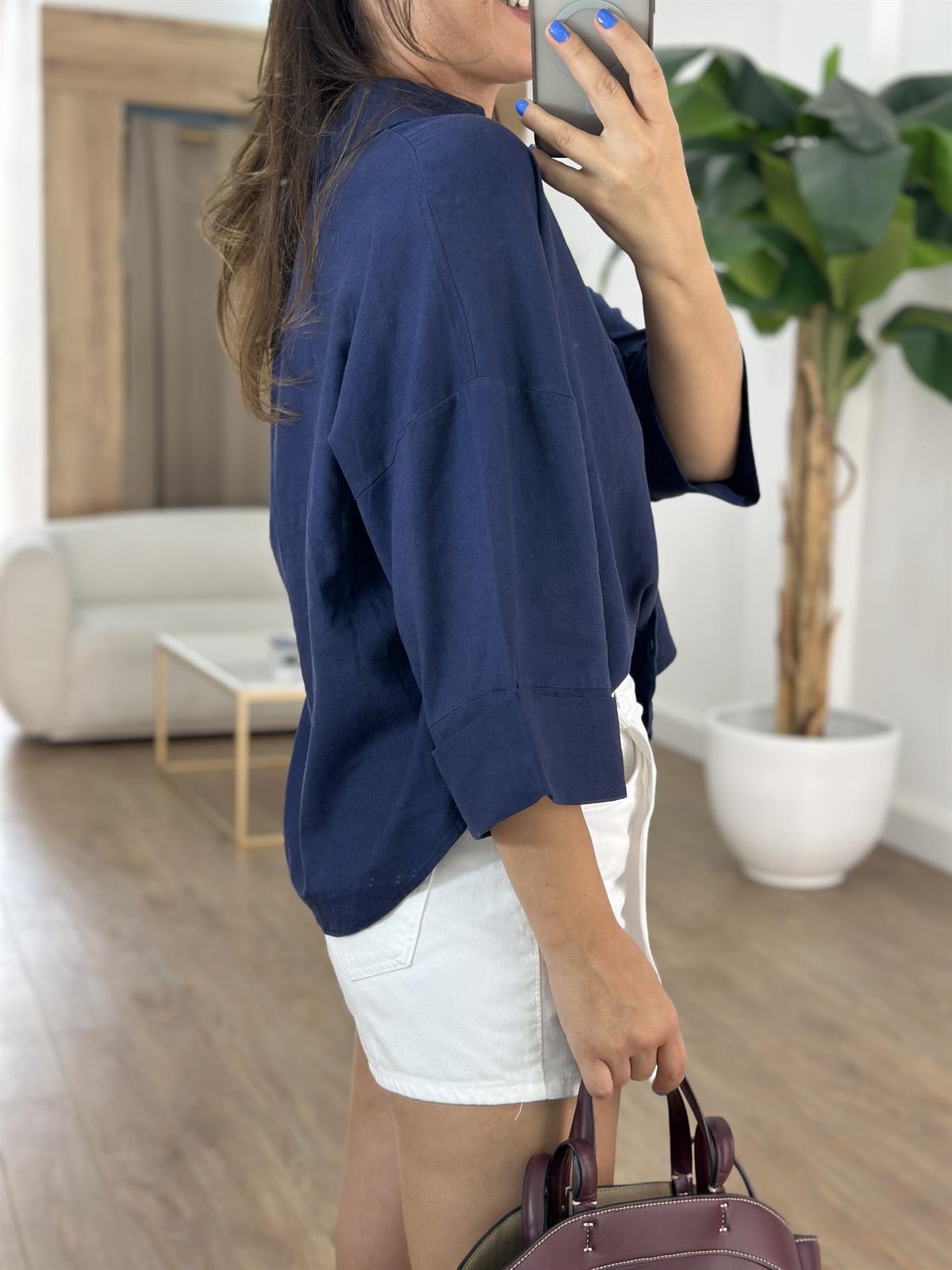 Double Kol Keten Gömlek - Lacivert