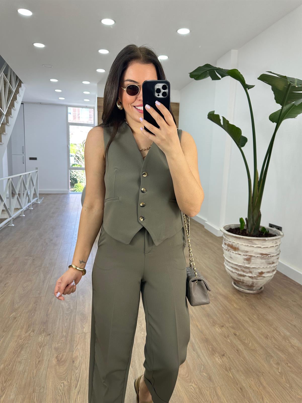 Double Paça Yelekli Takım-Haki