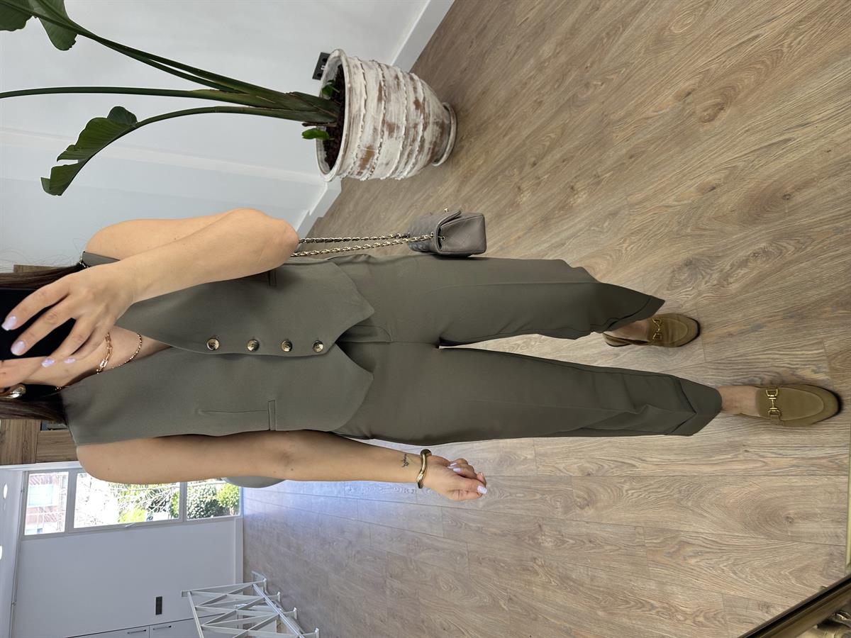 Double Paça Yelekli Takım-Haki