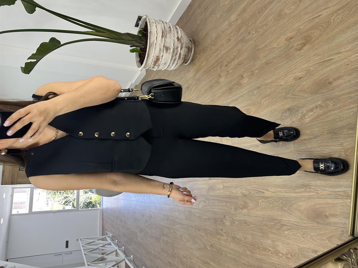 Double Paça Yelekli Takım-Siyah