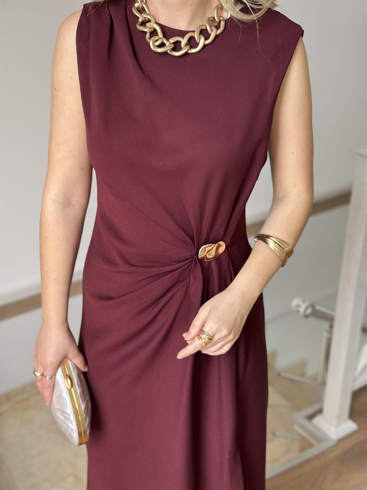 Drapeli Kolsuz Elbise - Bordo