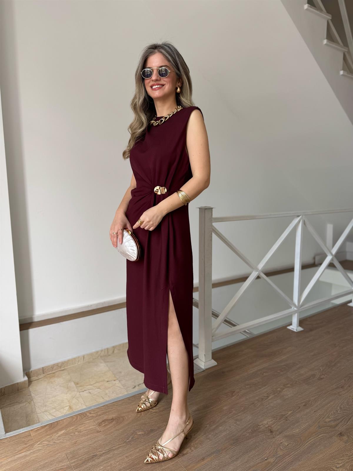 Drapeli Kolsuz Elbise - Bordo