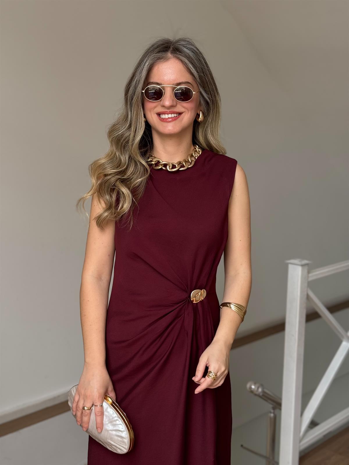 Drapeli Kolsuz Elbise - Bordo