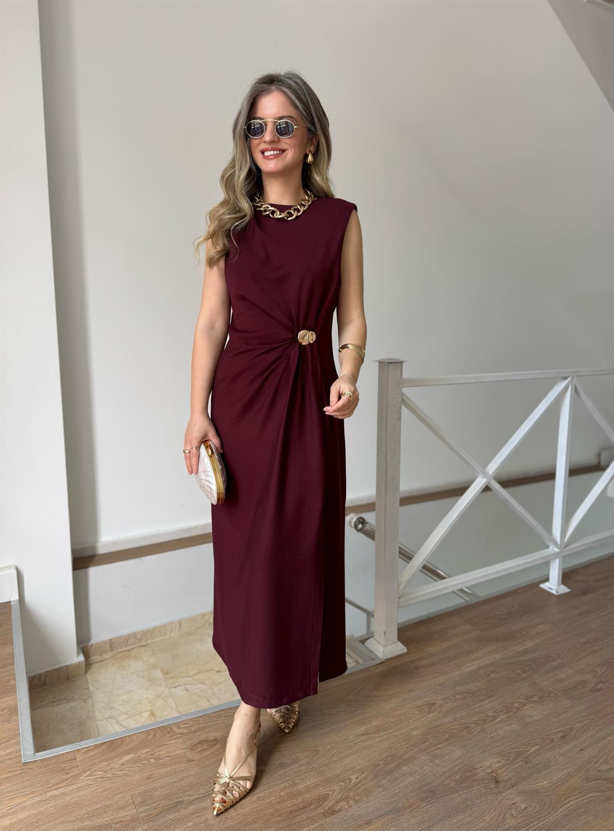 Drapeli Kolsuz Elbise - Bordo