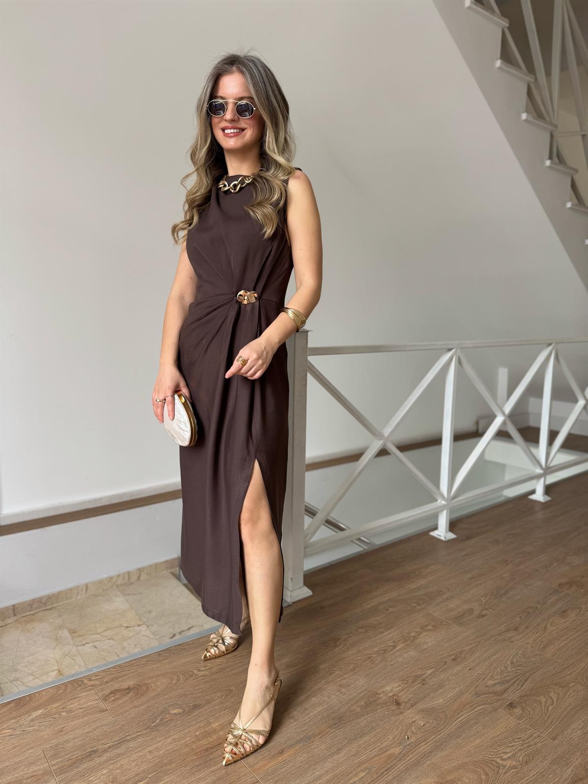 Drapeli Kolsuz Elbise - Kahverengi