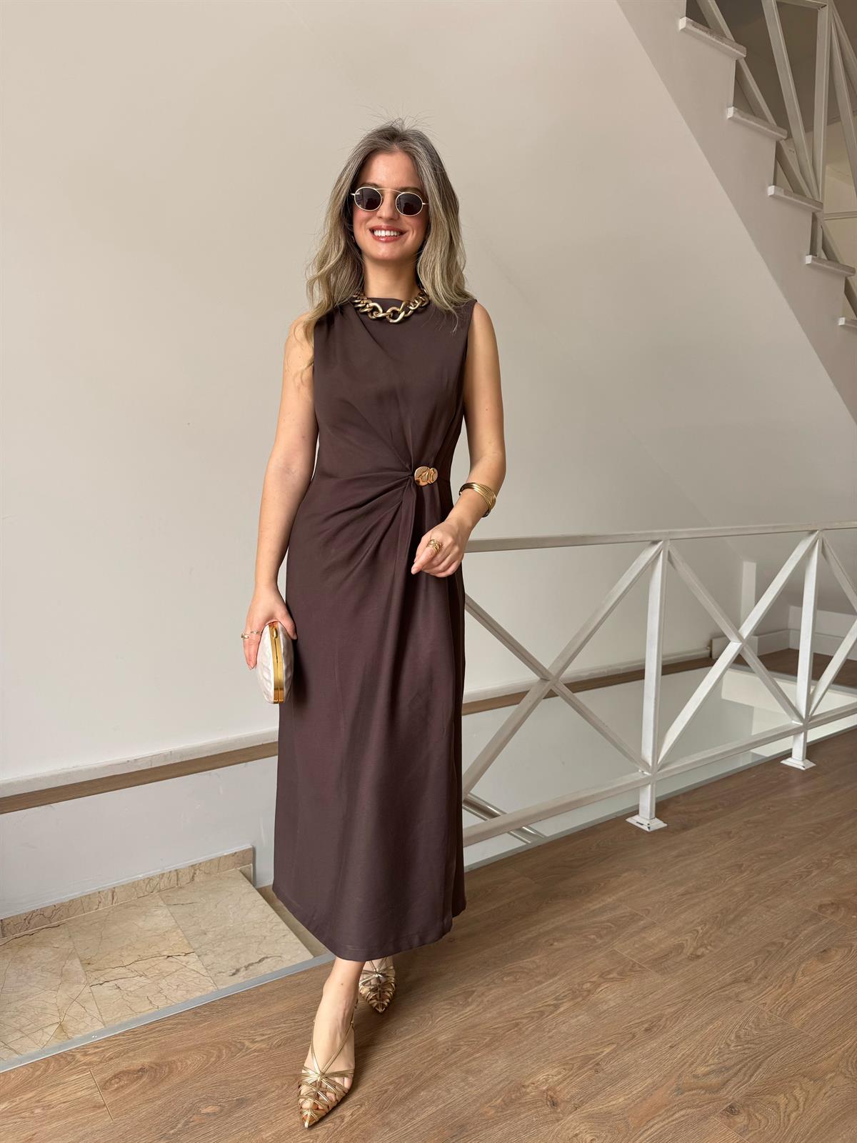 Drapeli Kolsuz Elbise - Kahverengi