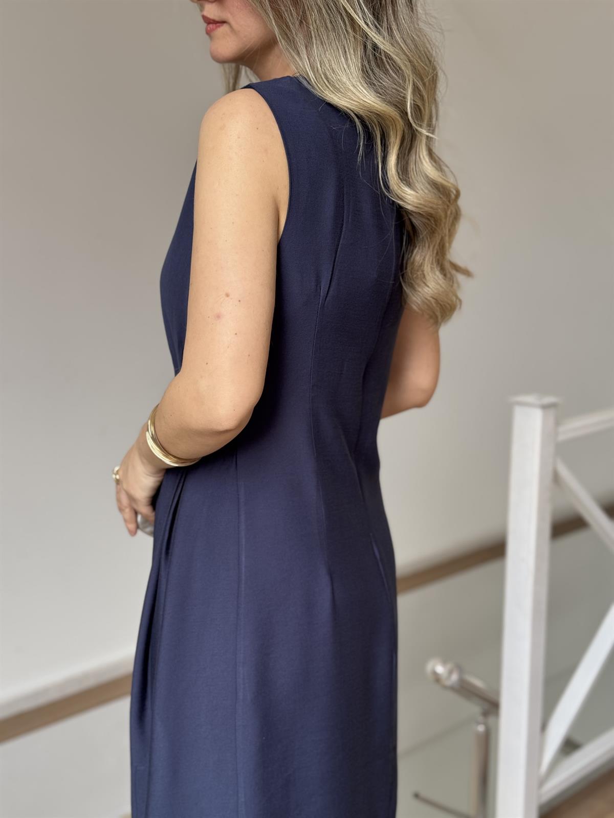 Drapeli Kolsuz Elbise - Lacivert