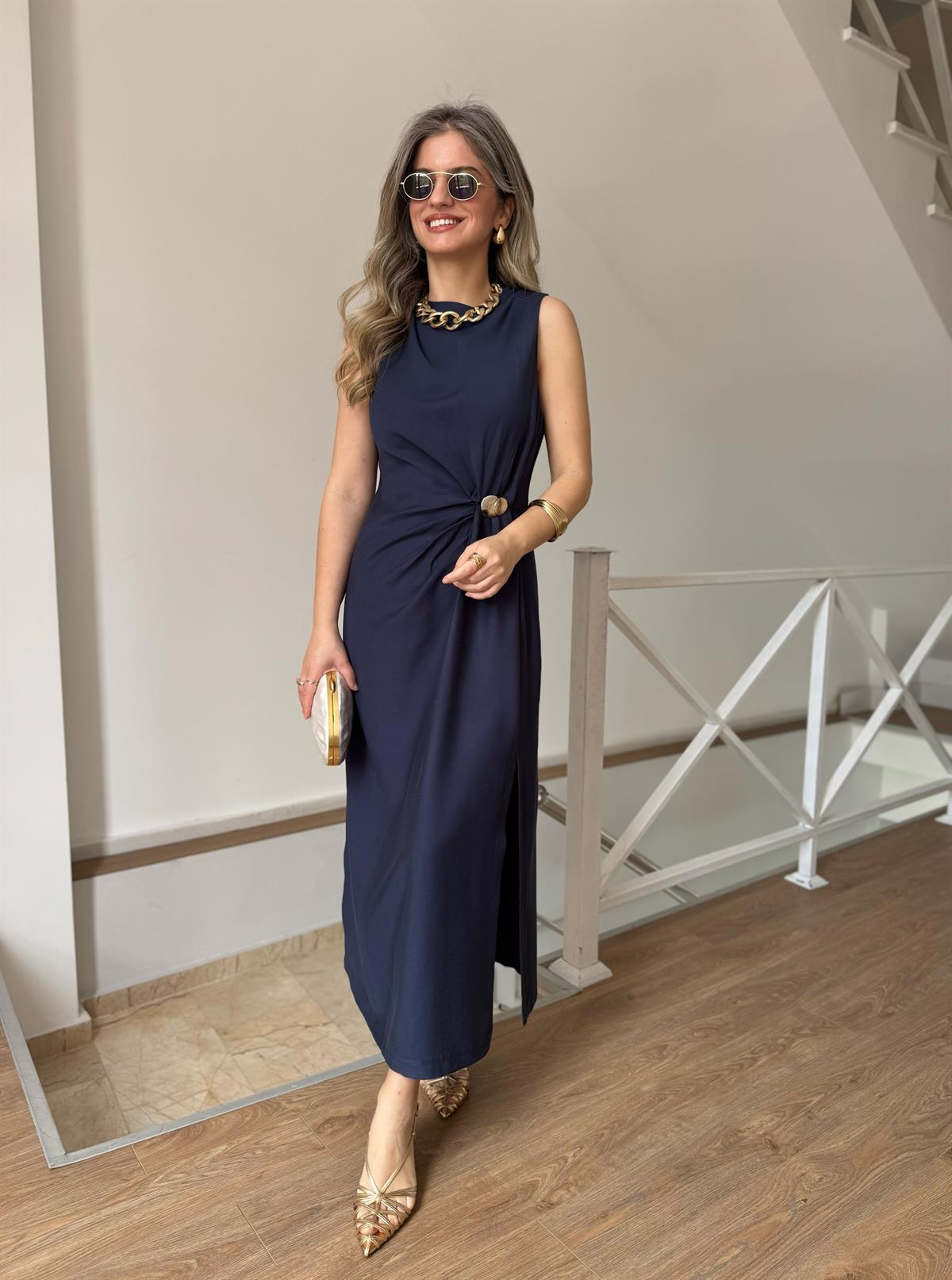 Drapeli Kolsuz Elbise - Lacivert