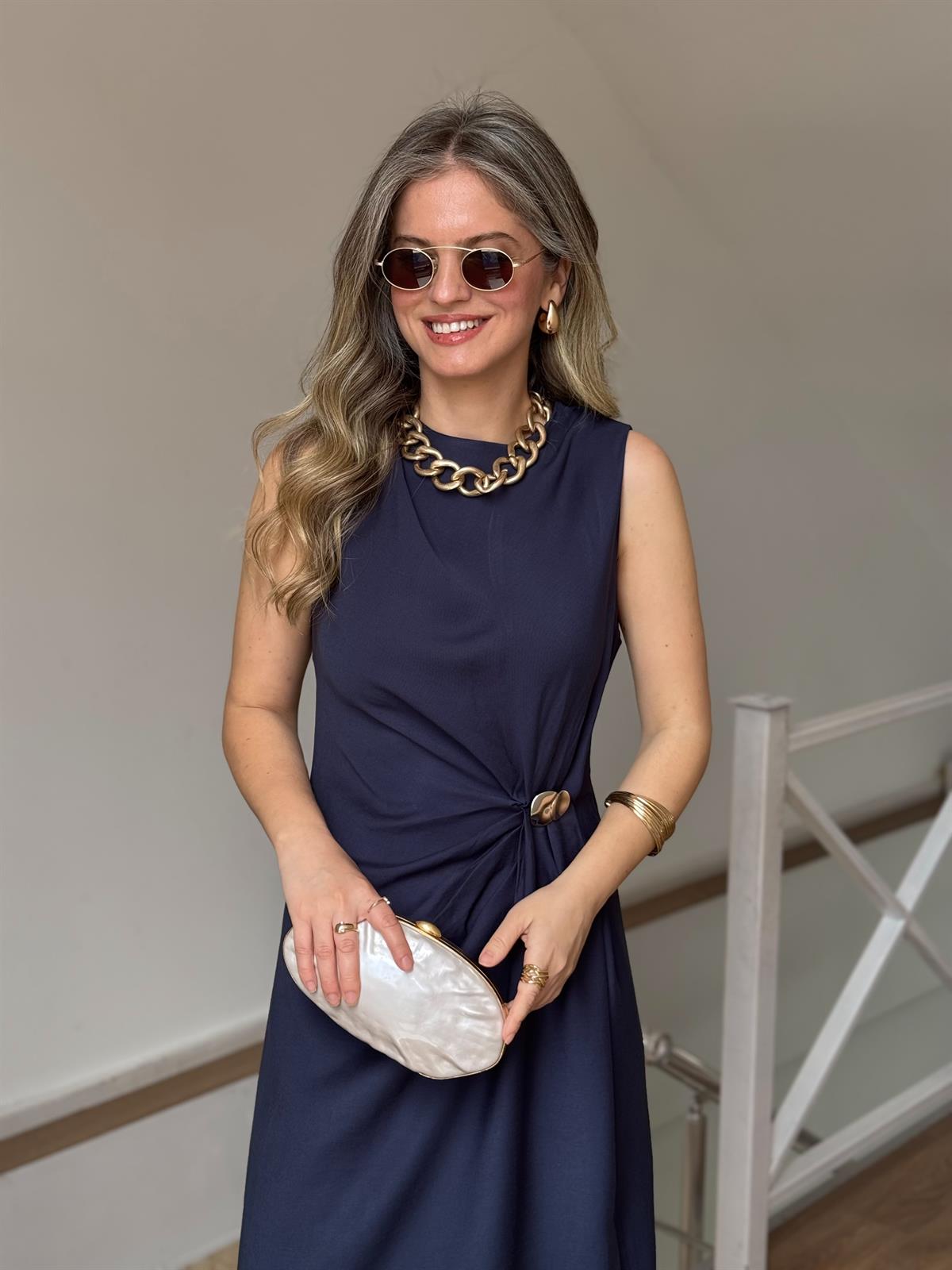 Drapeli Kolsuz Elbise - Lacivert