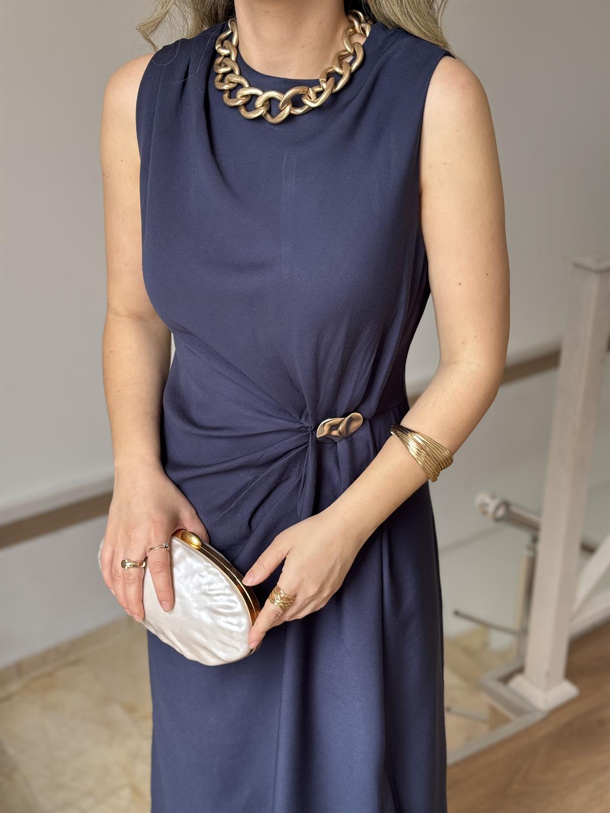 Drapeli Kolsuz Elbise - Lacivert