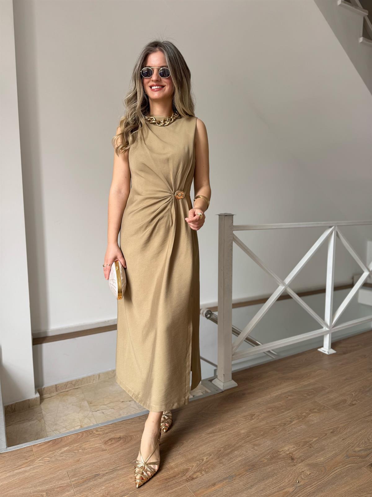 Drapeli Kolsuz Elbise - Yağ Yeşili