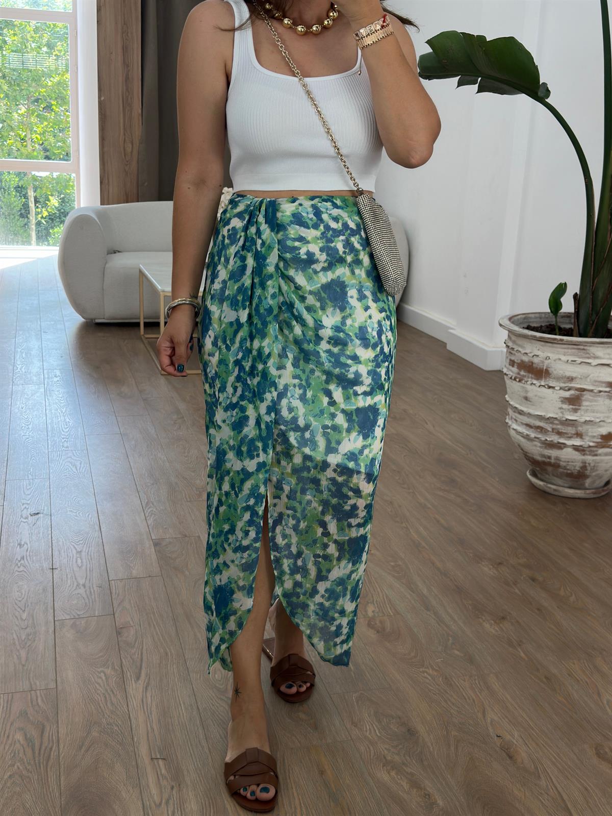 Drapeli Yeşil Desenli Şifon Etek