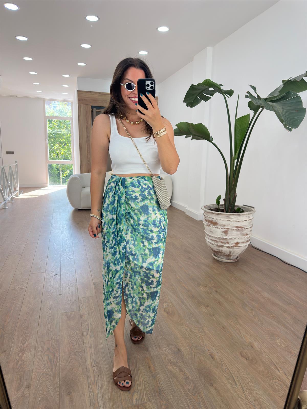 Drapeli Yeşil Desenli Şifon Etek