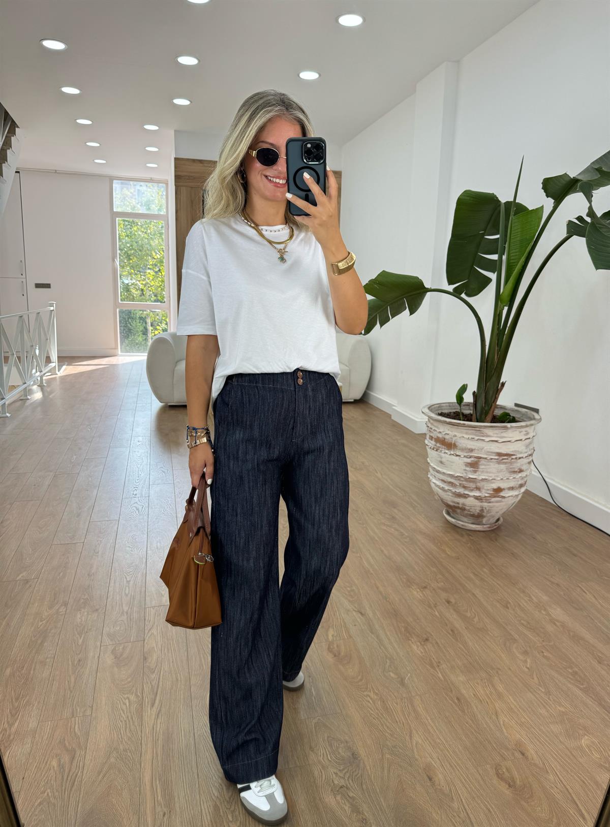 Düğme Detaylı Denim Bol Pantolon