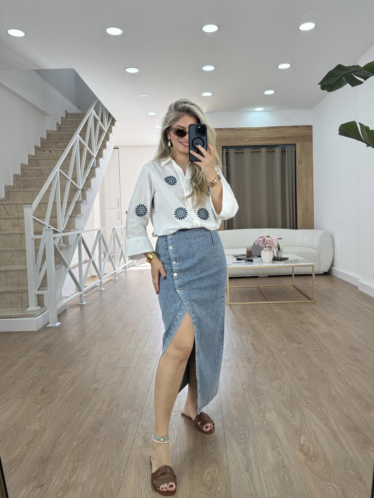 Düğme Detaylı Denim Etek