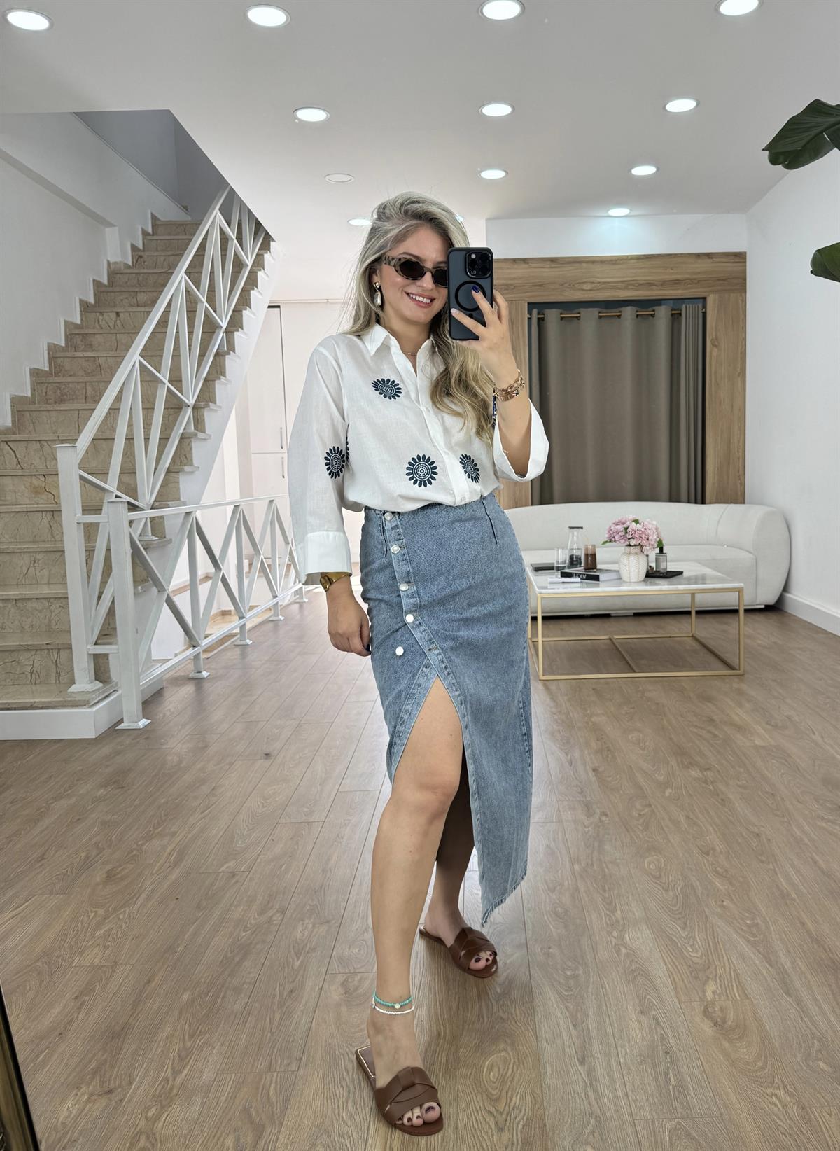 Düğme Detaylı Denim Etek