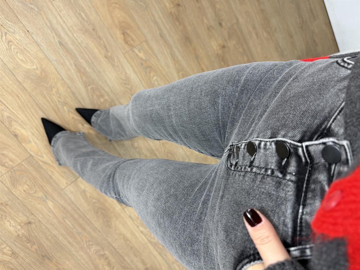 Düğme Detaylı İspanyol Paça Jean - Gri