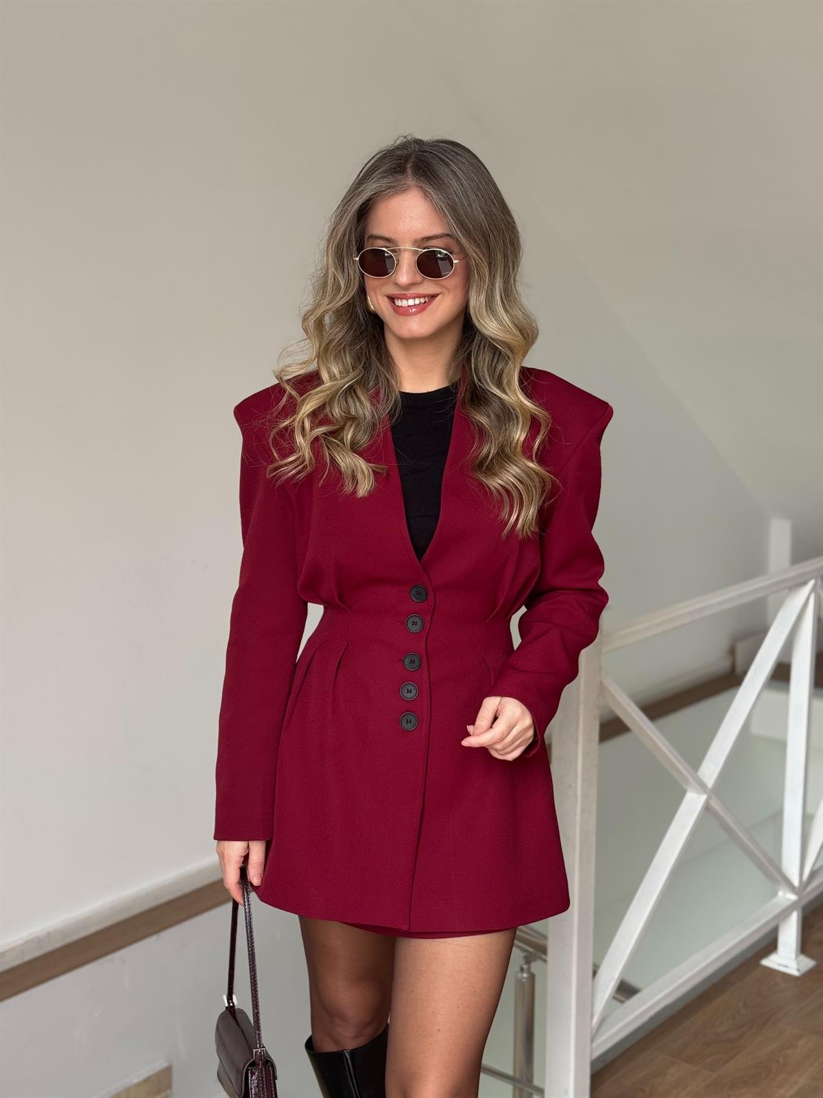 Belden Oturtmalı Mini Etek Ceket Takım - Bordo