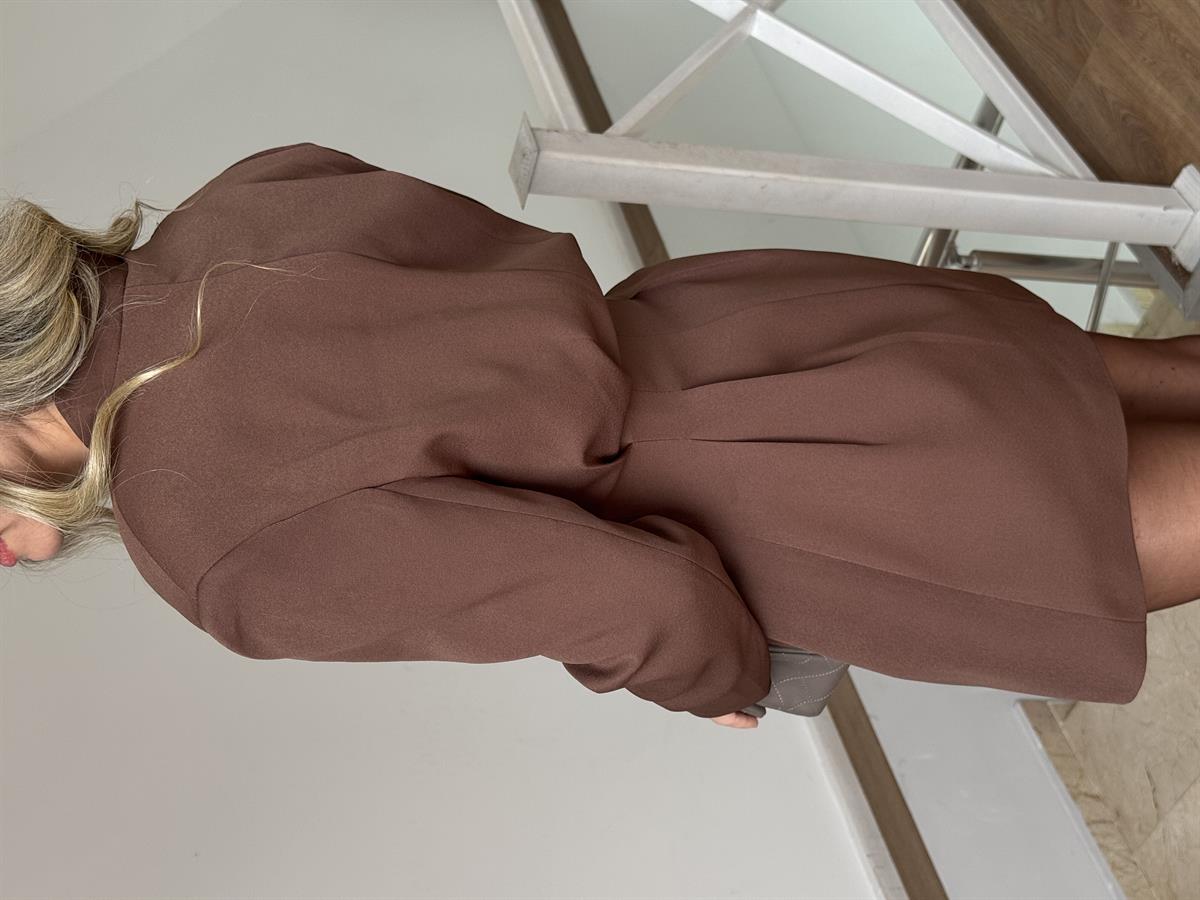 Belden Oturtmalı Mini Etek Ceket Takım - Kahverengi