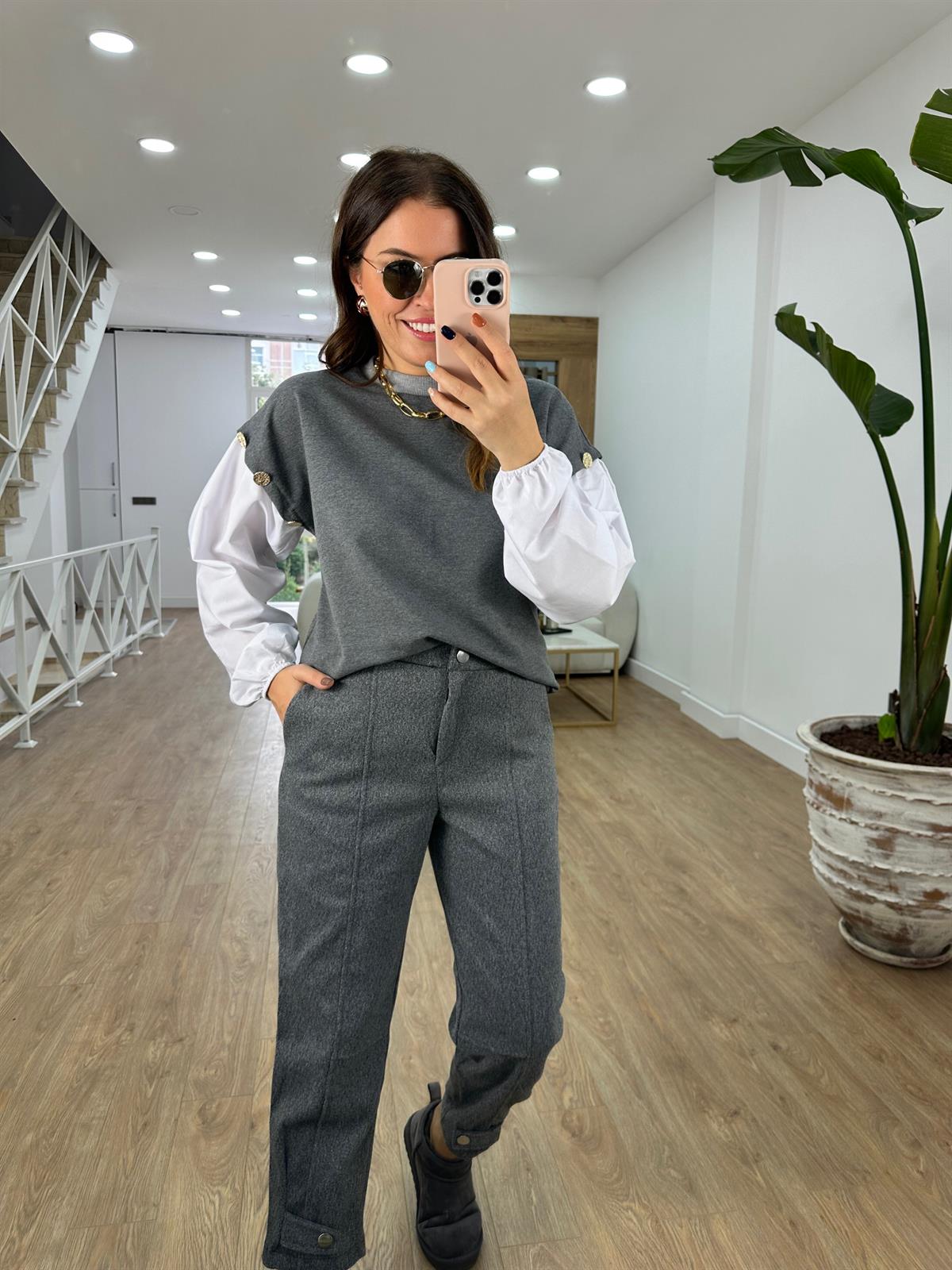 Düğme Detaylı Sweatshirt-Gri