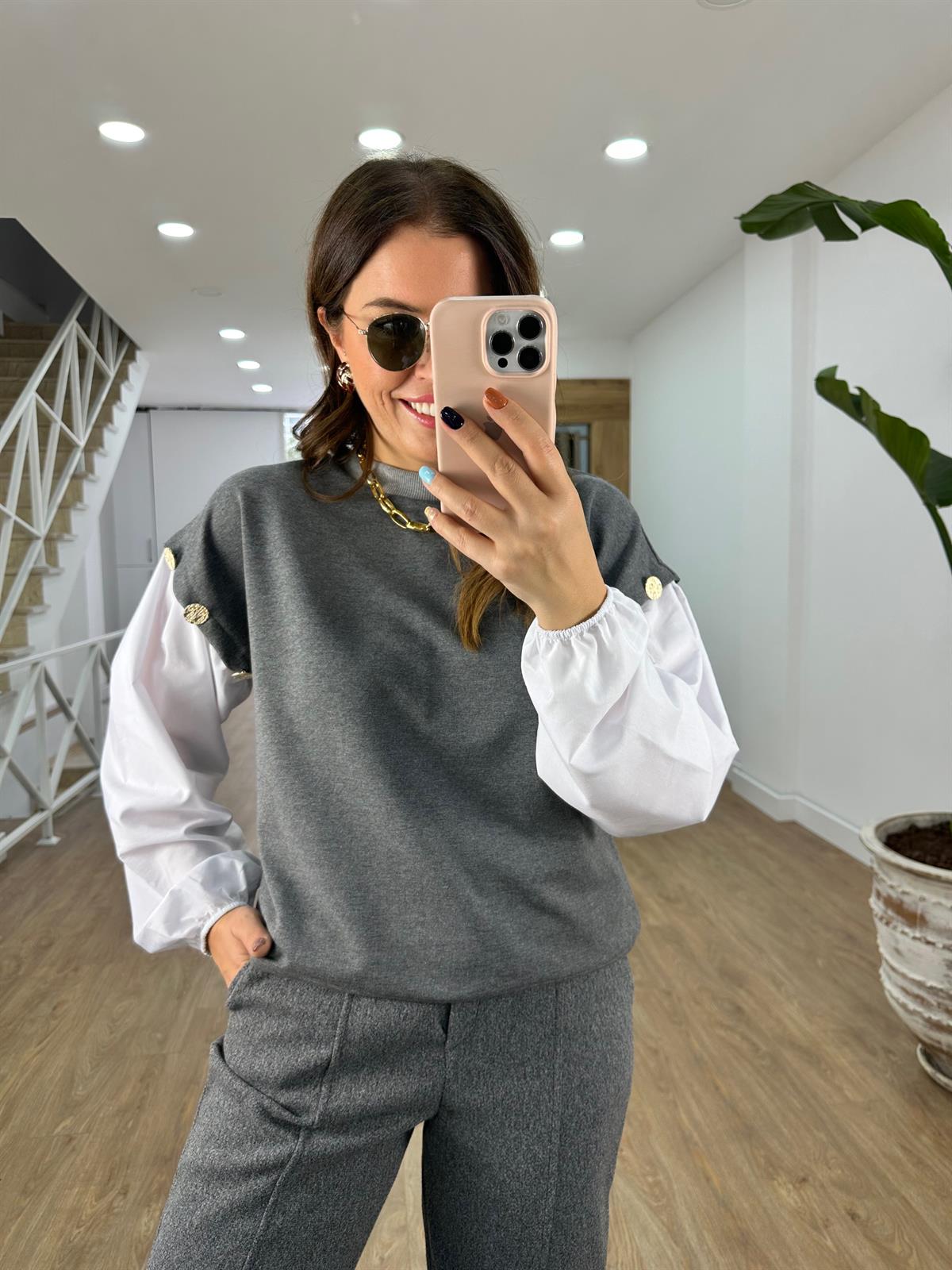 Düğme Detaylı Sweatshirt-Gri