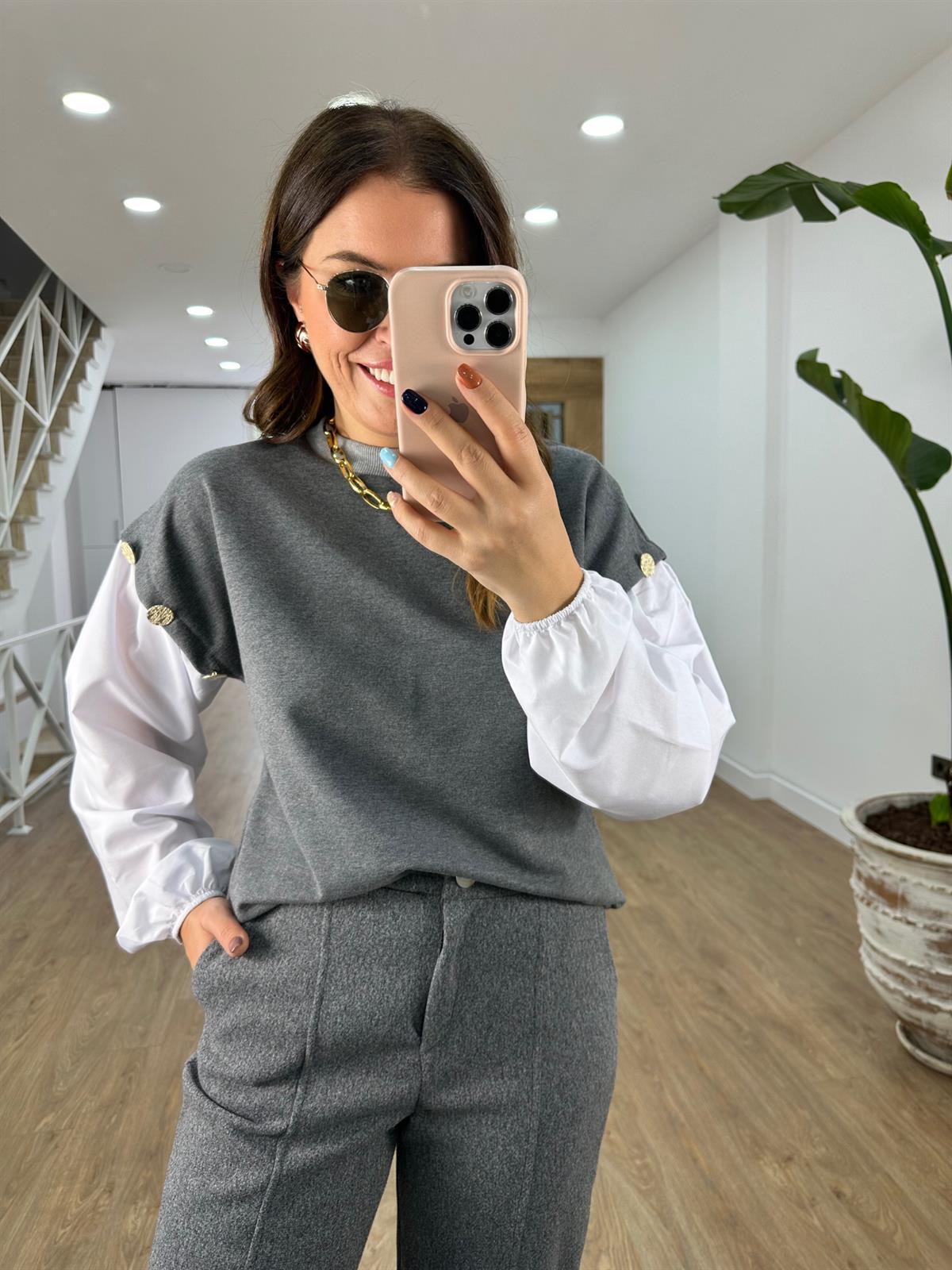 Düğme Detaylı Sweatshirt-Gri