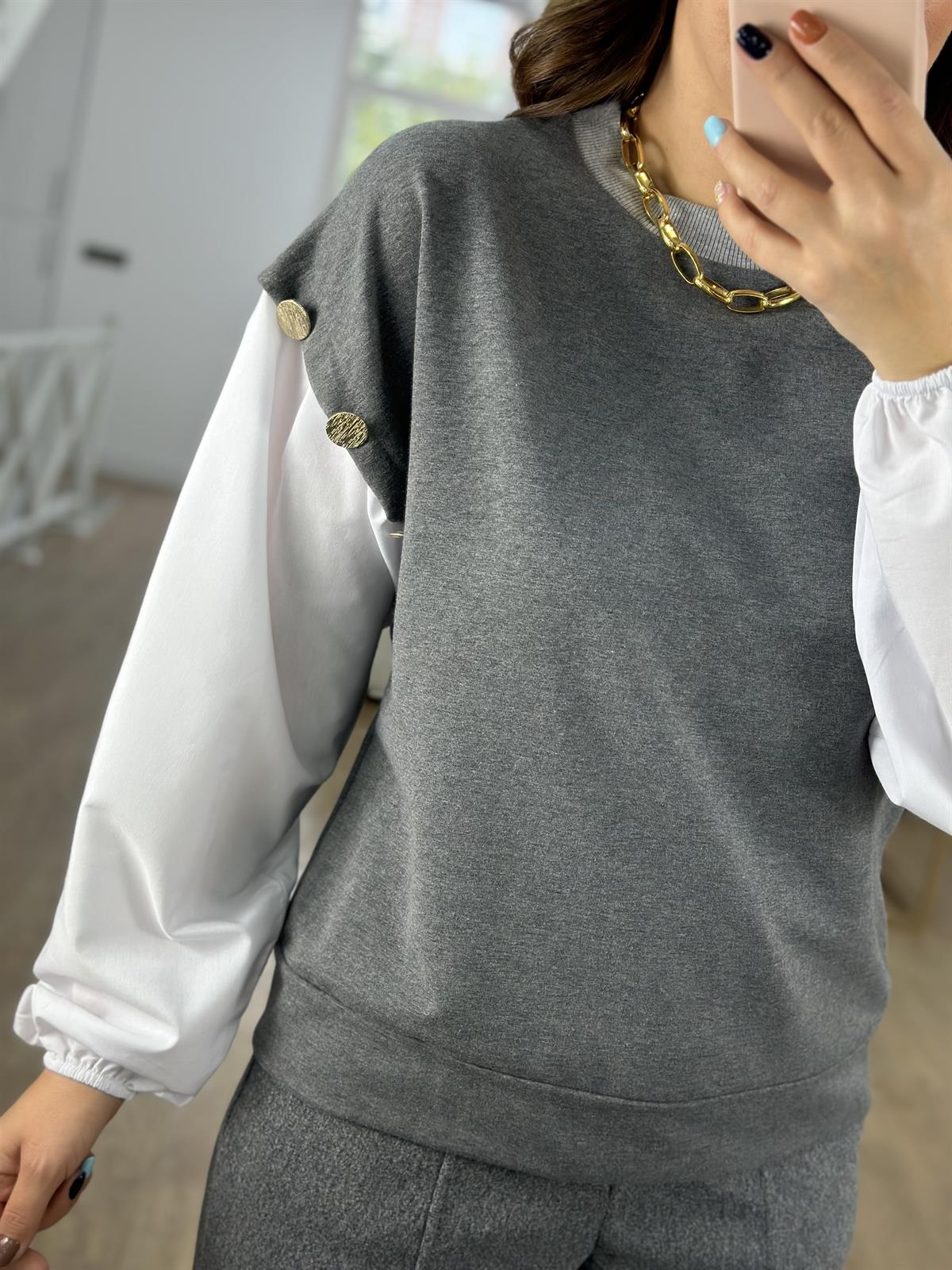 Düğme Detaylı Sweatshirt-Gri