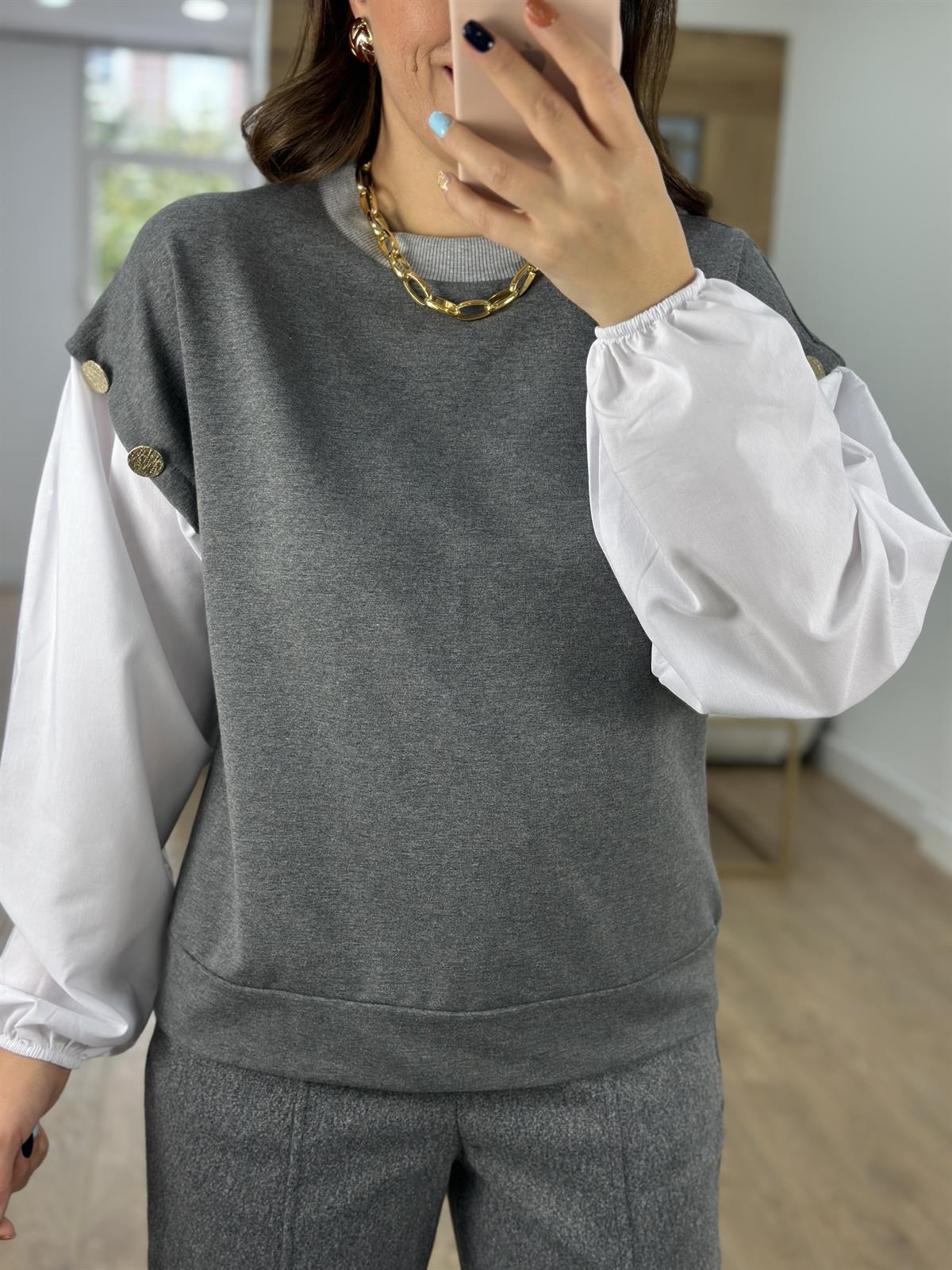 Düğme Detaylı Sweatshirt-Gri