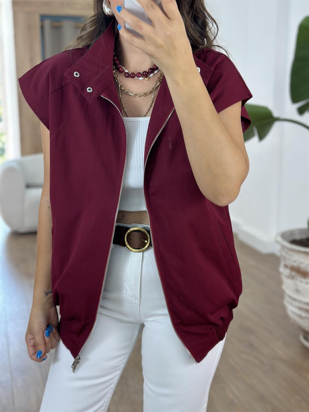 Düğme Fermuar Detaylı Yelek - Bordo