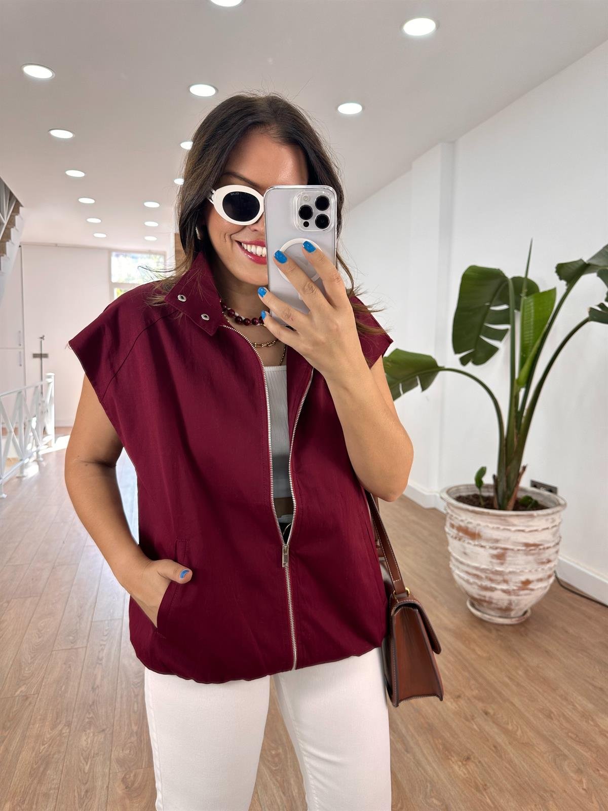 Düğme Fermuar Detaylı Yelek - Bordo