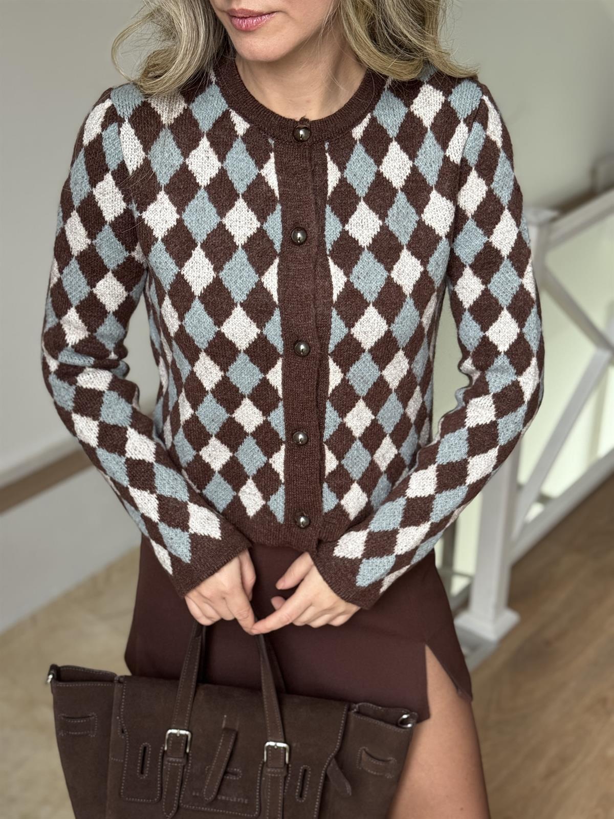 Düğmeli Baklava Desen Hırka - Kahverengi