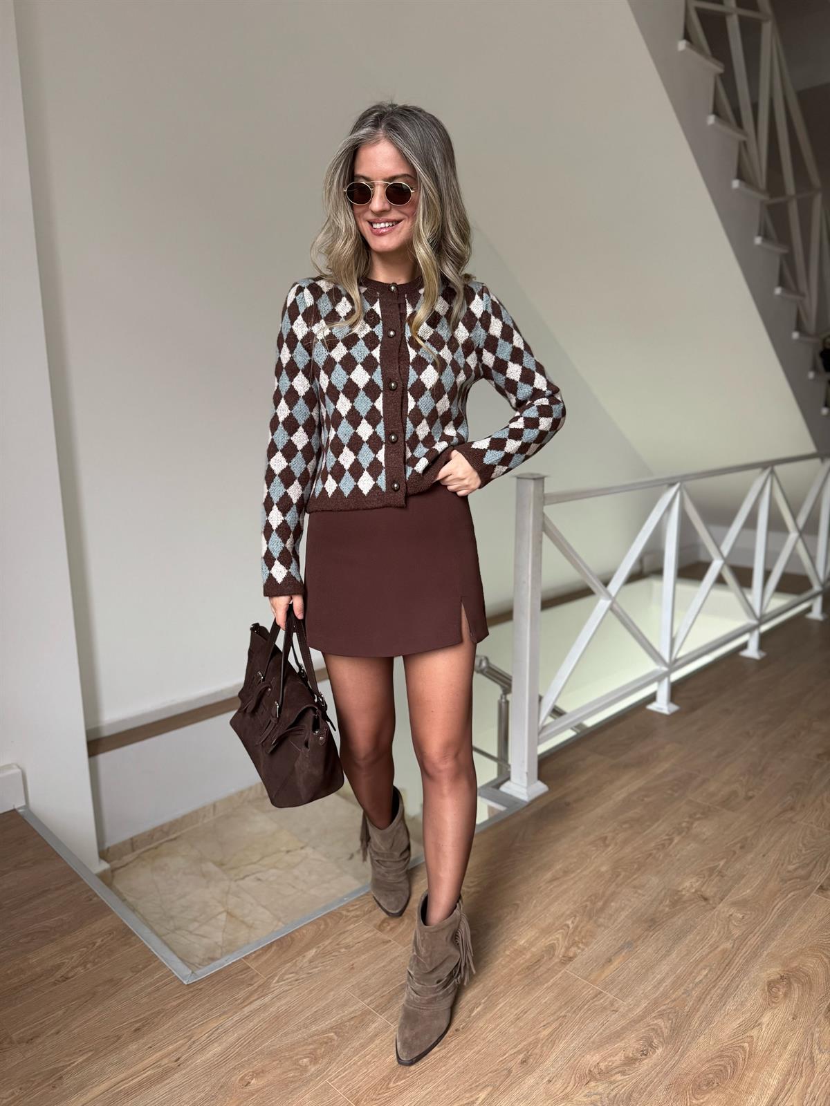 Düğmeli Baklava Desen Hırka - Kahverengi