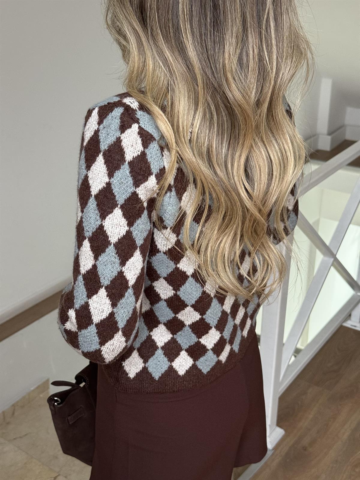 Düğmeli Baklava Desen Hırka - Kahverengi