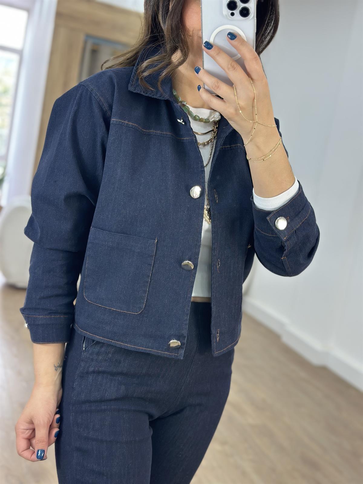 Düğmeli Beli Lastikli Denim Ceket