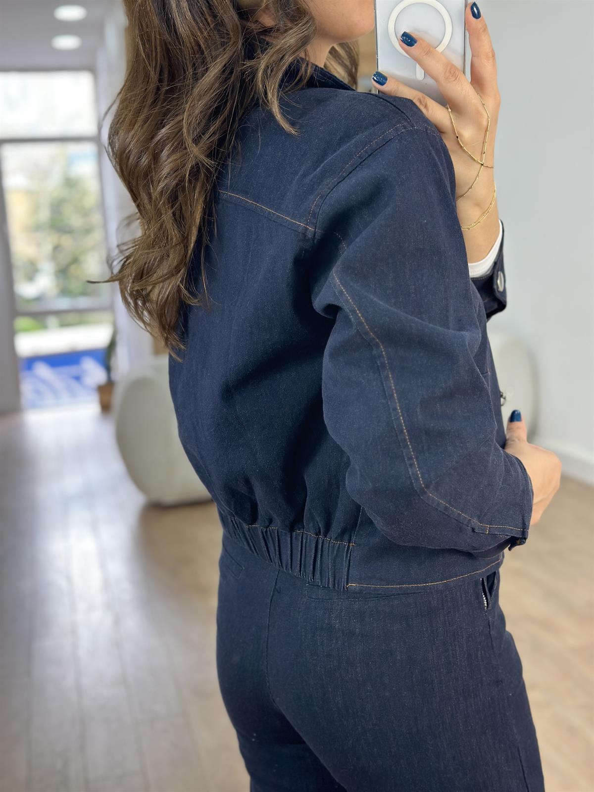 Düğmeli Beli Lastikli Denim Ceket