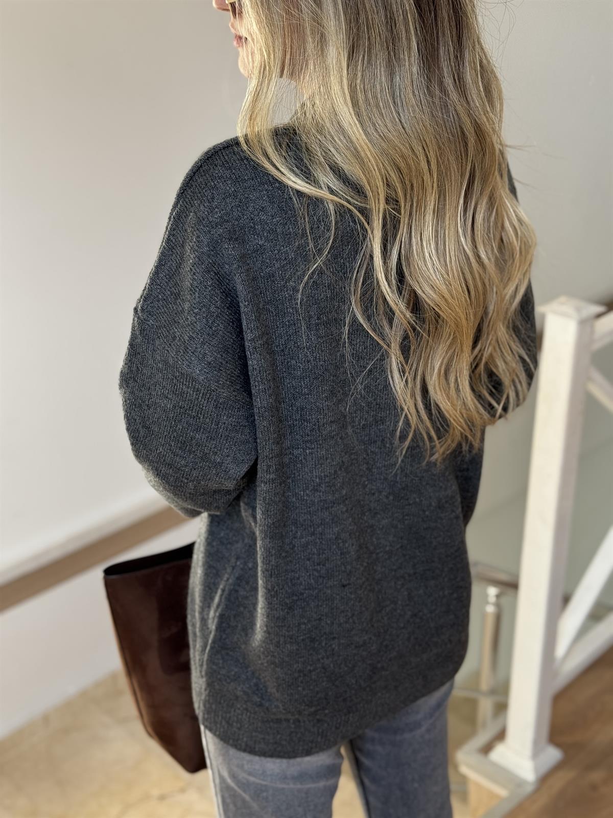 Düğmeli Düz Kazak - Antrasit