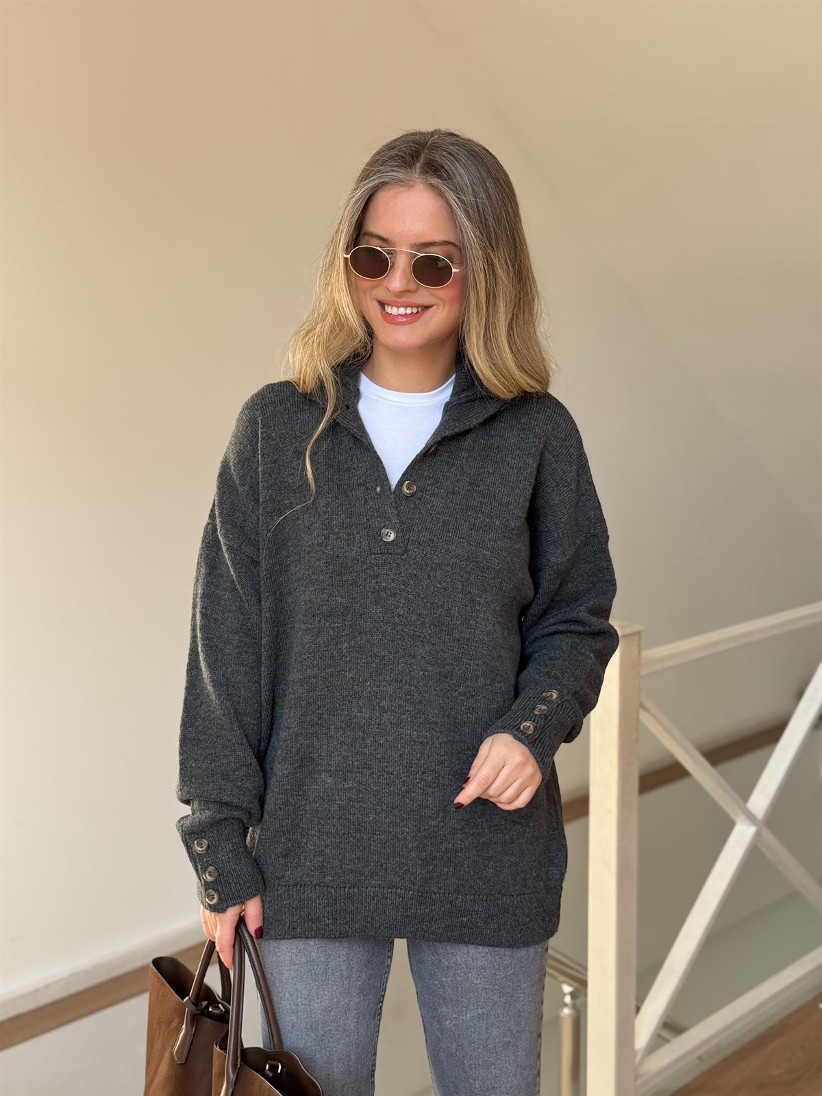 Düğmeli Düz Kazak - Antrasit