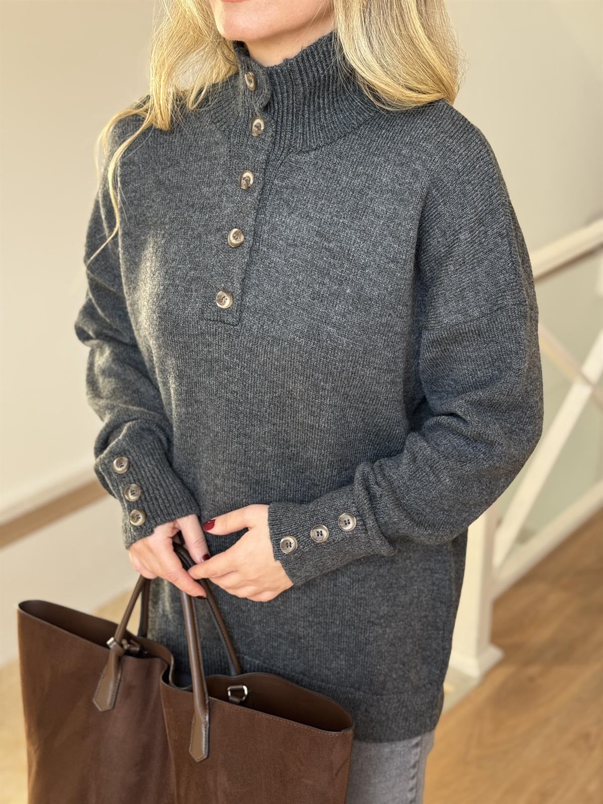 Düğmeli Düz Kazak - Antrasit