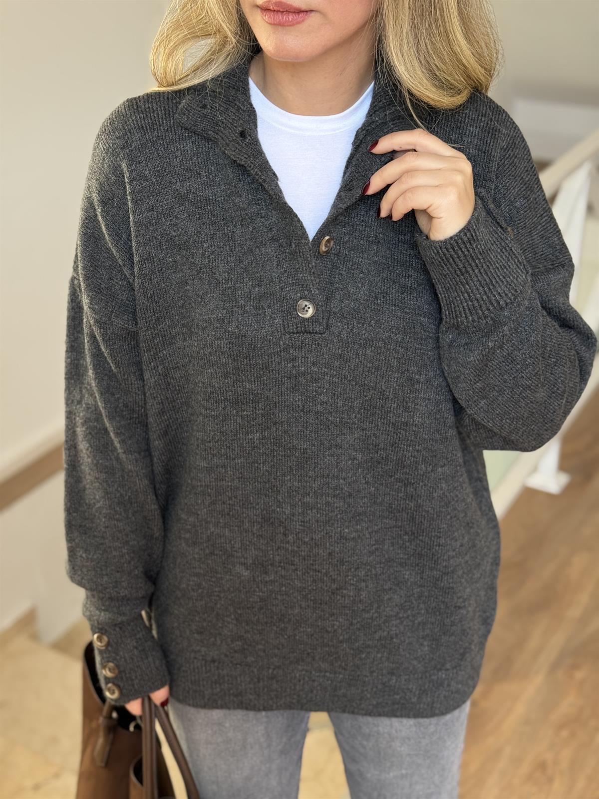 Düğmeli Düz Kazak - Antrasit