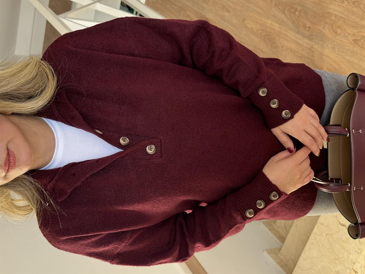 Düğmeli Düz Kazak - Bordo