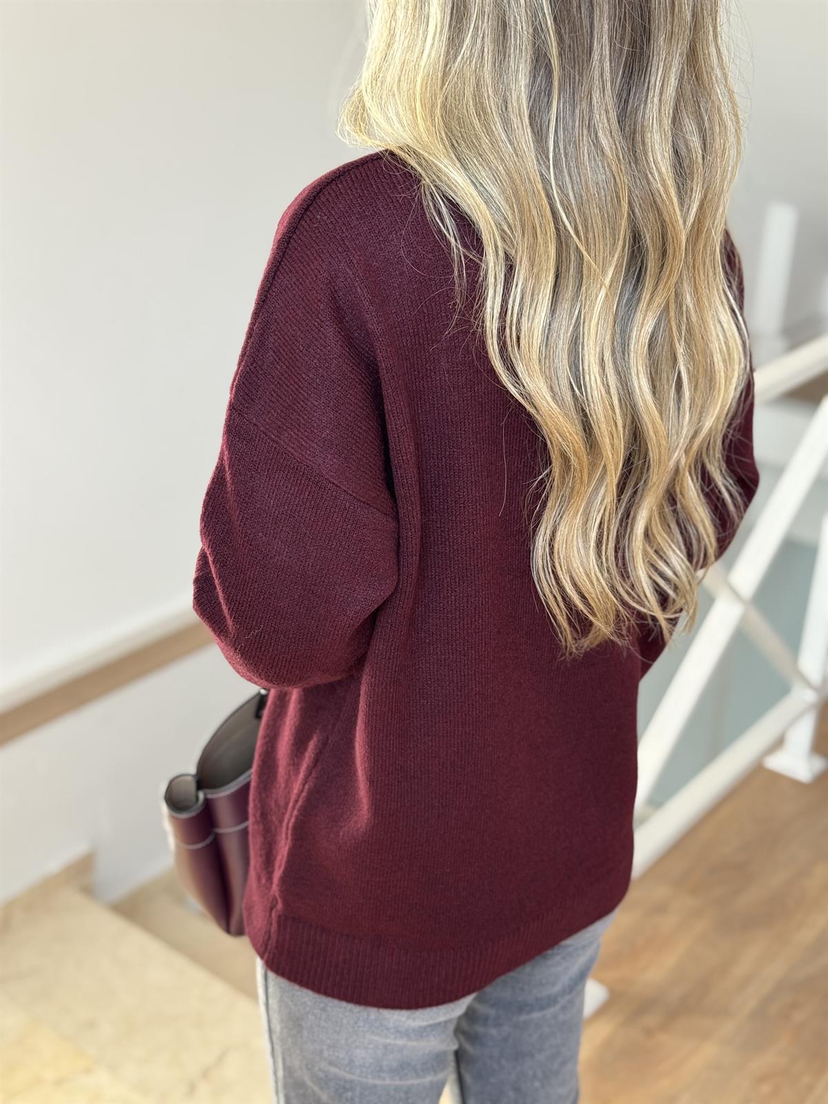 Düğmeli Düz Kazak - Bordo