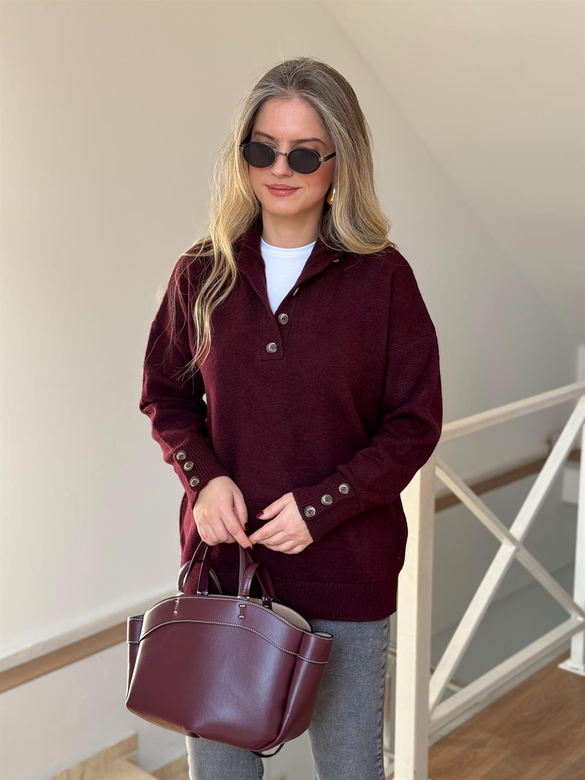 Düğmeli Düz Kazak - Bordo