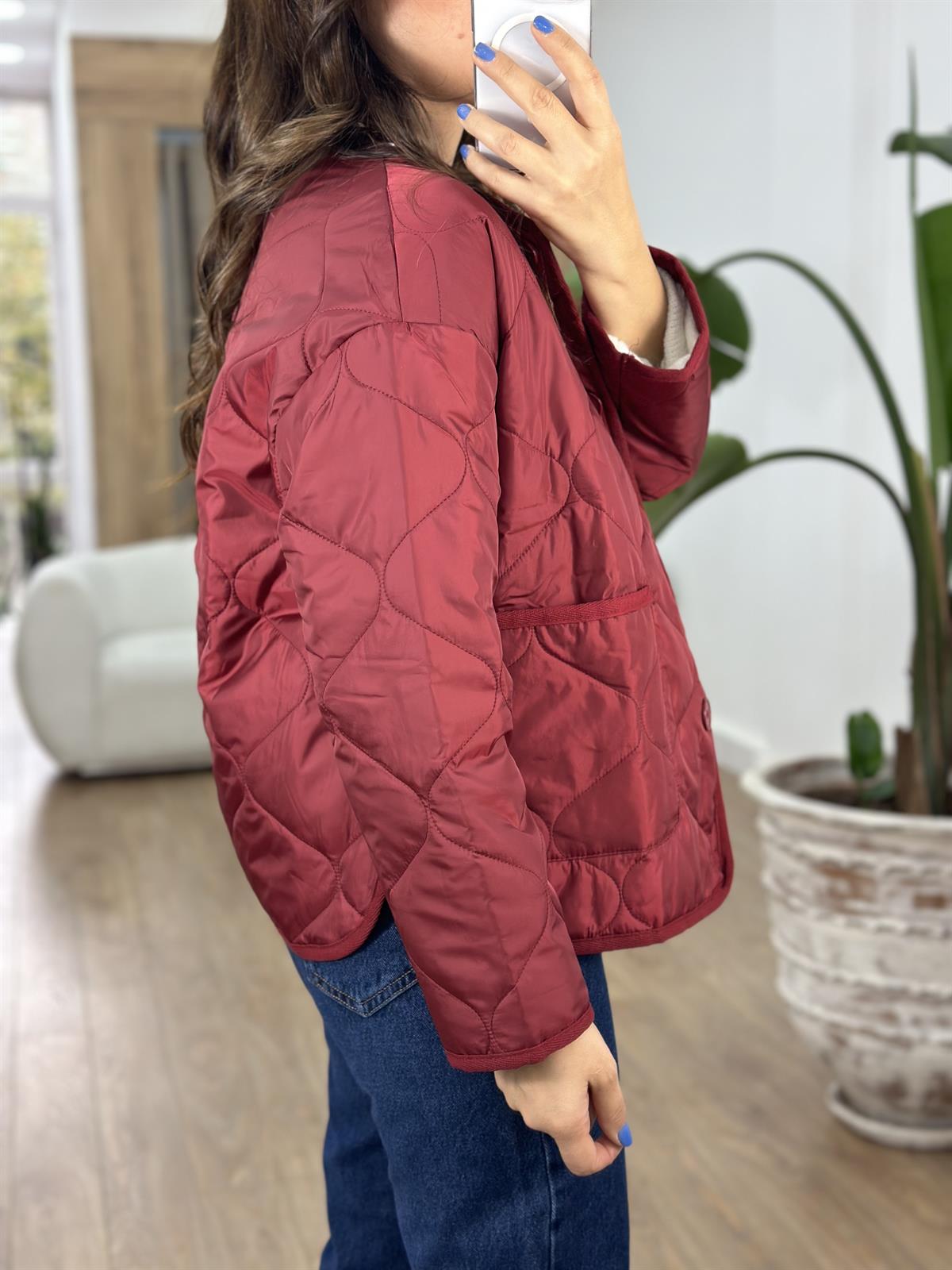 Düğmeli Kapitone Ceket-Bordo