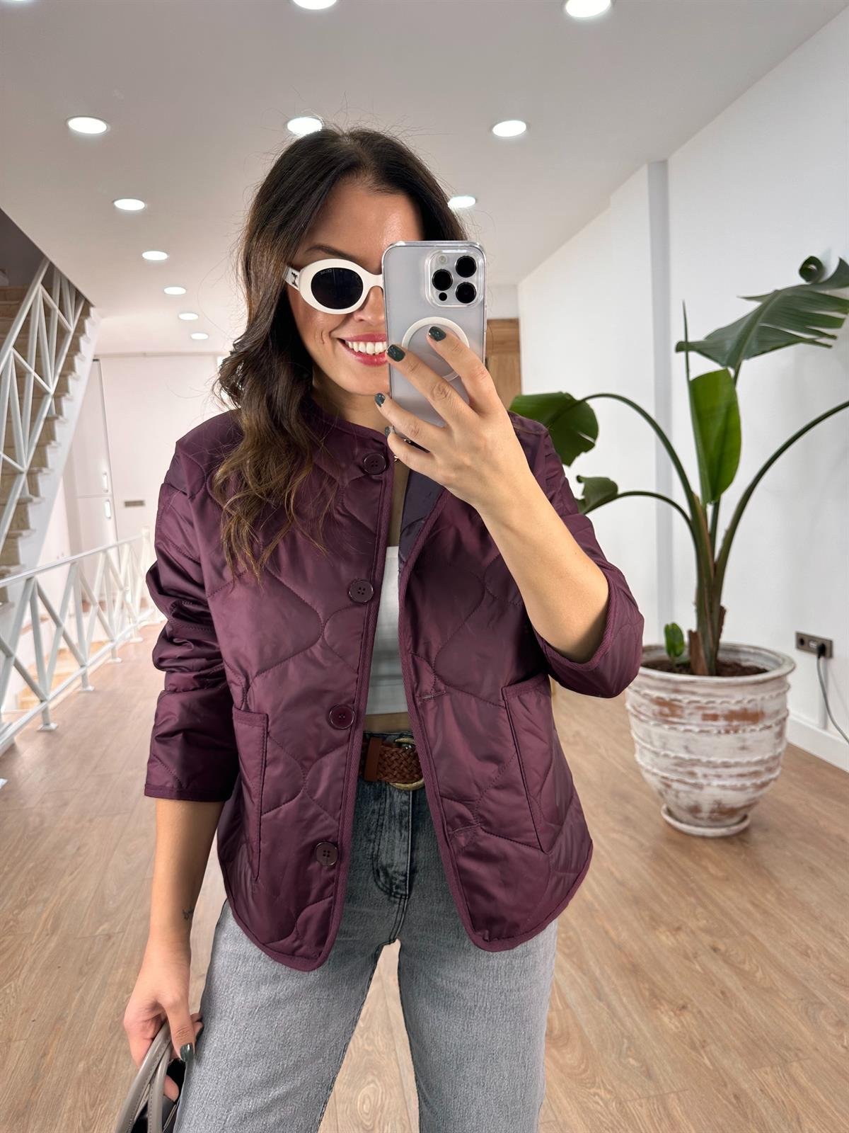 Düğmeli Kapitone Ceket -mürdüm